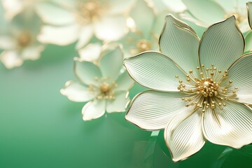 Green floral abstract background, white flower details supplemented with gold accessories