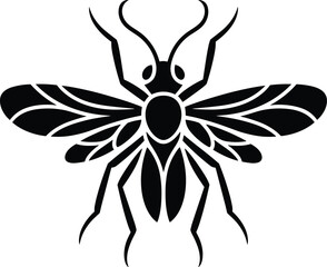 Simple black and white illustration of a detailed decorative insect with wings