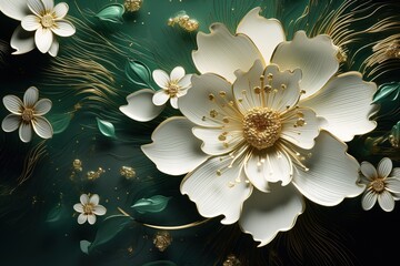 Green floral abstract background, white flower details supplemented with gold accessories