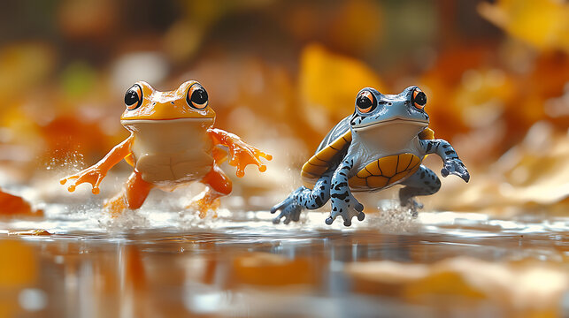 Two Colorful Frogs in a Race Through Autumn Leaves
