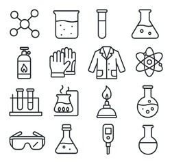 Chemical lab icon collection. simple linear style: molecule, flask, test tube, goggles, burner vector icons.