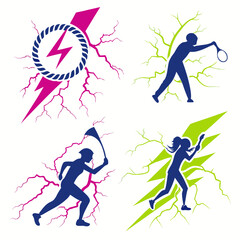 Energetic athletes striking with lightning bolt power sports energy