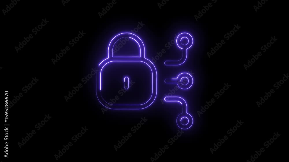 Poster glowing neon lock icon connected to circuitry lines abstract futuristic digital security technology 