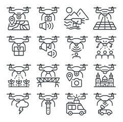 Drone icon collection: simple linear drones, camera, gps, delivery, aerial, surveillance vector icons