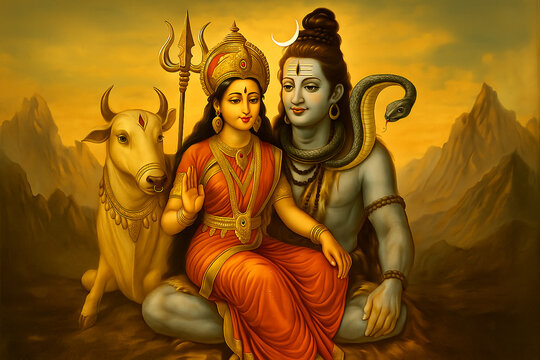 Shiva Parvati with Nandi &ndash; Divine Sanatan Couple in Harmony