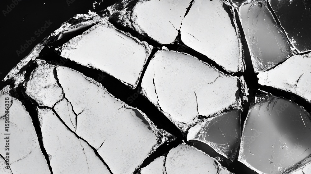 Poster black and white abstract composition of broken shapes and shattered surface with lines