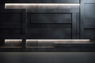 minimalistic design Dark, Concrete wall background, with integrated White light strips.