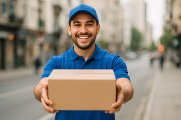 Delivering with a Smile: A friendly delivery person offers a package with genuine warmth, embodying the essence of reliable service.