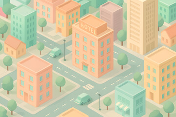 Cityscape Illustration: An abstract illustration depicts a vibrant cityscape, featuring buildings, roads, vehicles, and trees, all rendered in a modern and colorful style.