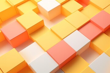 minimalistic design Neatly Constructed Multisized Cube Wall. Yellow and Coral, Contemporary Tech Background.