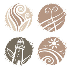 Four circular nature inspired icons with textured edges beige