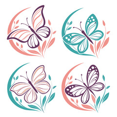 Four stylized butterflies with floral elements in pastel colors butterfly nature