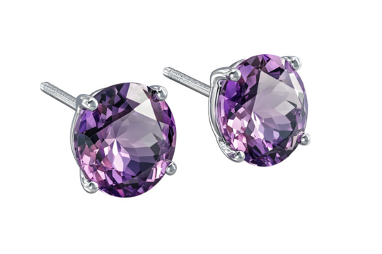 realistic amethyst earrings mockup, angled view with a stud, isolated on transparent background