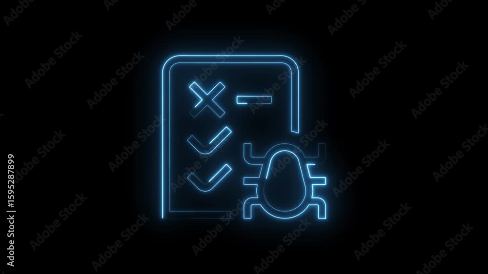 Aufkleber glowing blue neon bug icon on checklist with checkmarks and cross symbol isolated on black backgroun