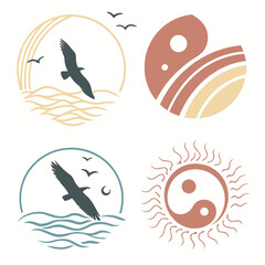 Four abstract circular designs with birds and sun flying