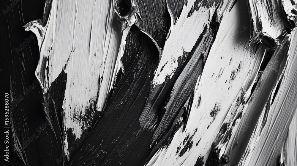 Poster black and white abstract brushstrokes with varying width and texture in a dramatic composition