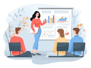 flat design of a teacher showing literacy charts to school staff, visual learning style