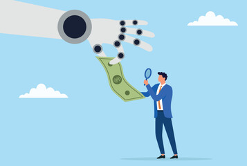 Vector illustration of a robotic hand handing money to a businessman inspecting it with a magnifying glass, symbolizing the scrutiny of AI powered financial transactions and trust

