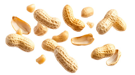 Shelled and Unshelled Peanuts Floating Mid-Air &ndash; Isolated on White Background