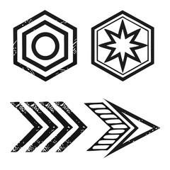 Geometric shapes and arrows distressed icons black and white