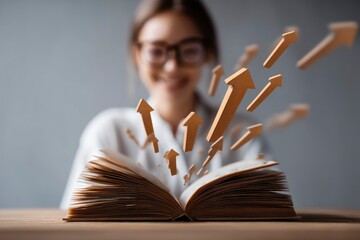 floating book icons rising upward as metaphor for reading improvement, teacher smiling