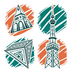 Geometric Tower Icons with Abstract Brush Strokes vector