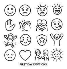 First day emotions icon collection: simple linear faces, hand, friends, heart, sun vector icons