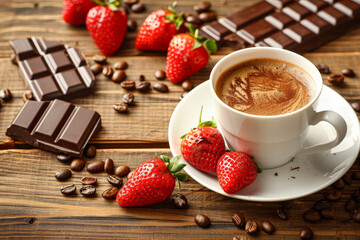Savoring a cozy coffee experience with fresh strawberries, rich chocolate, and aromatic coffee beans