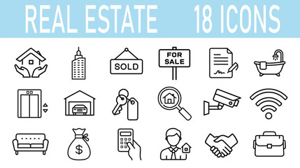 Real Estate Vector Icon Set | Outline | Property, Building, Sale, Agent, Home