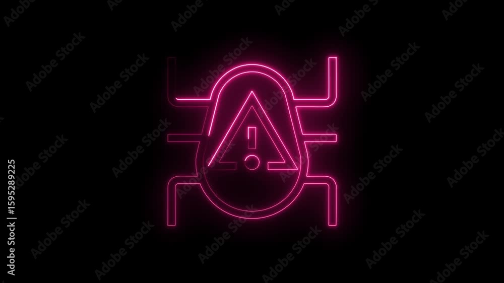 Poster glowing neon pink bug icon with warning triangle symbol animated on black background representing