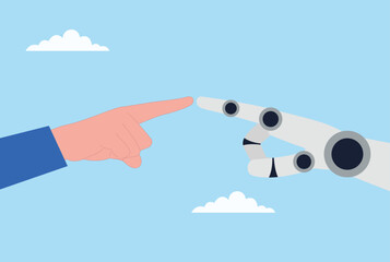 Vector illustration of a human hand and a robotic hand reaching toward each other, symbolizing the collaboration, connection, and convergence of humanity and artificial intelligence
