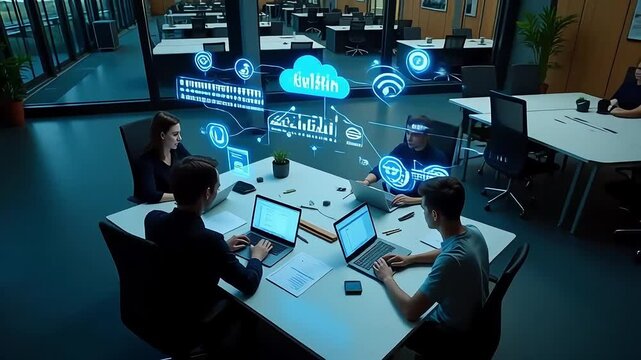 Cloud computing team collaboration in modern office for data analysis and cybersecurity strategy
