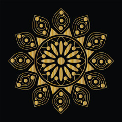 Intricate golden mandala design with floral elements on black background