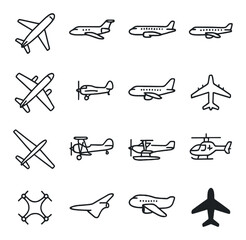 Airplane icon collection. aviation transportation silhouette icons. jet, propeller, drone, helicopter vector icons.