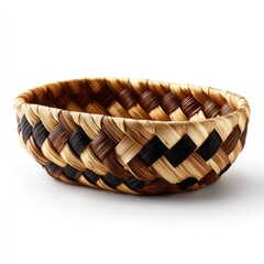 Woven basket with multicolored design.