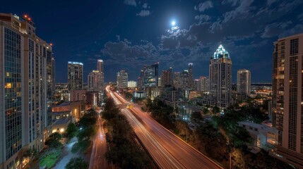 Fototapeta premium Nighttime City Skyline with Bright Moon and Light Trails in Downtown Urban Area