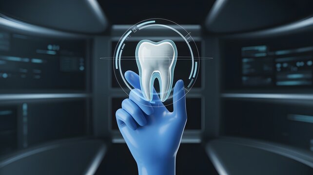 Gloved hand interacts with futuristic holographic tooth display