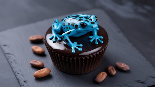 Blue poison dart frog topping a chocolate cupcake with cocoa beans for halloween 