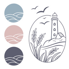 Lighthouse coastal landscape with seagulls and waves