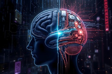 Obraz premium Digital Brain: An artistic, digital depiction of a human head with a brain bisected to reveal a circuit board, symbolizing the fusion of human intelligence and artificial intelligence