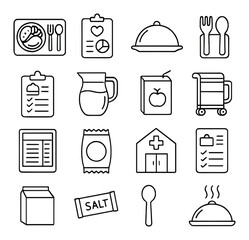 Hospital food icon collection: simple line icons of tray, chart, utensils, meal cart, hospital, vector icons