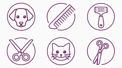 Set of pet grooming icons featuring a dog cat comb scissors and grooming tools