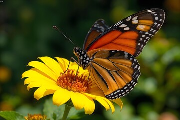 Monarch Butterfly on Yellow Flower: A monarch butterfly, renowned for its striking orange and black patterns, rests delicately on a vibrant yellow flower in a garden, showcasing the beauty of nature.