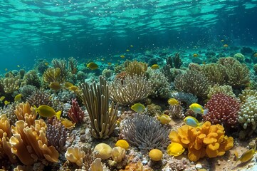 Underwater Reef Paradise: A vibrant panorama unveils an underwater realm teeming with colorful coral formations and diverse marine life, the clear water invites exploration. 