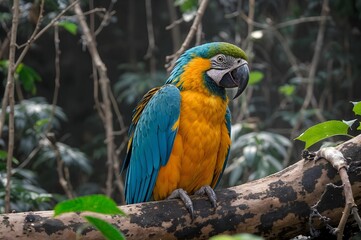 Obraz premium Radiant Parrot in Canopy: A vibrant macaw perched gracefully on a branch, displaying its breathtaking blue and yellow plumage amidst the lush greenery of a tropical rainforest. 