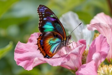 Obraz premium Colorful Butterfly on Blooming Flower: A stunning butterfly, its wings showcasing vibrant hues, rests delicately on a blossoming flower, symbolizing the beauty and fragility of nature. 