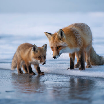 Baby Fox Playing on Frozen Lake Beside Its Paren