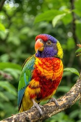 Naklejka premium Rainbow Lorikeet Perched on Branch: A vibrant rainbow lorikeet showcases its striking multi-colored plumage while perched serenely on a tree branch.