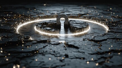 Stylized digital lock floats midair, surrounded by fragmented encryption layers and glowing rings, symbolizing cybersecurity and tiered access control in futuristic environment.