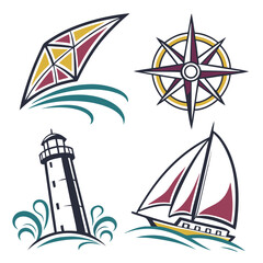 Nautical symbols lighthouse compass sailboat abstract waves maritime ocean